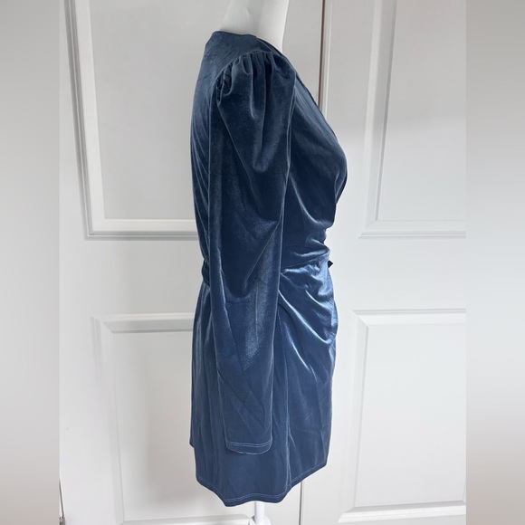 Lush Stone Blue Velvet Wrap Mini Dress Puff Sleeve Long Sleeve S Holiday Date - Picture 3 of 8